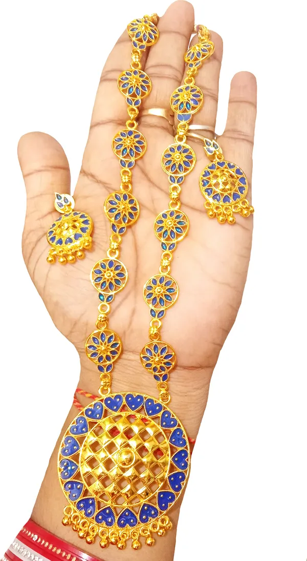 Assamese_Traditional_Gold_Plated_Blue_Colour_Japi_Chain_Jewellery_Set_For_Women_&_Girls